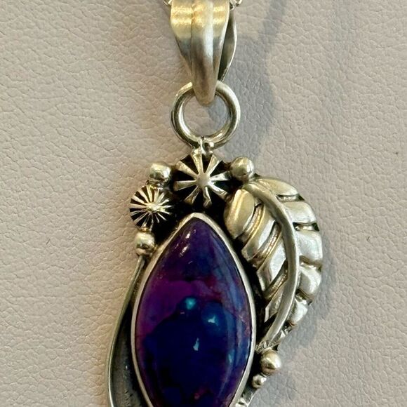 Southwestern Mojave Purple Turquoise Marquise Pendant Necklace Sterling Silver - Picture 3 of 4